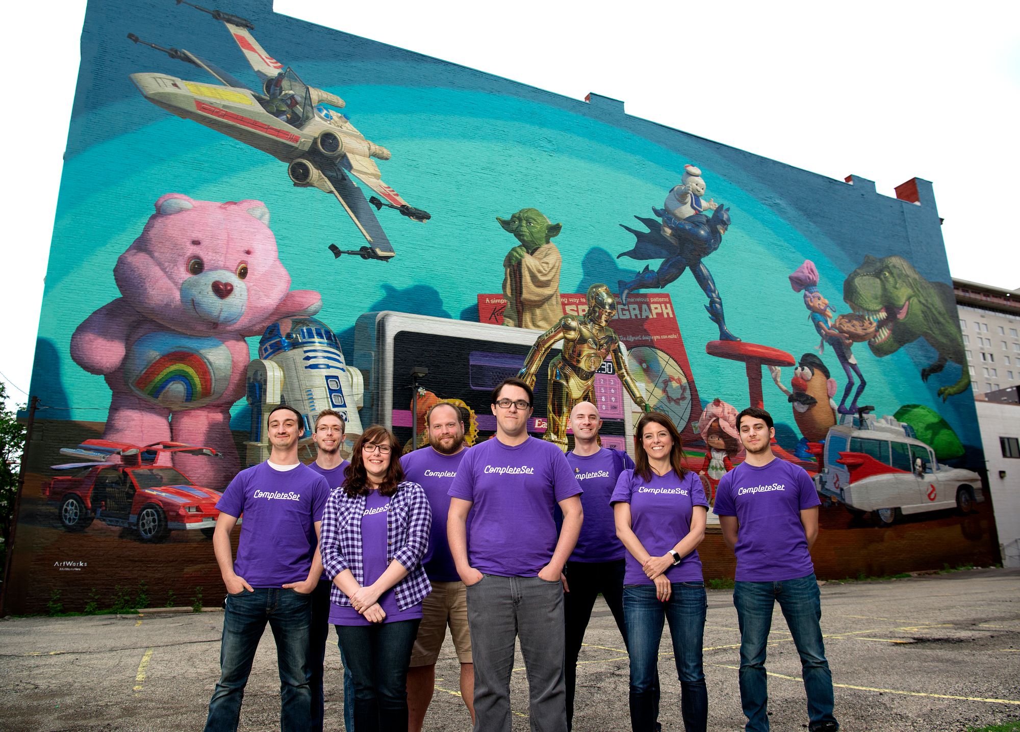 CompleteSet team in front of the Cincinnati Toy Heritage Mural, 2017